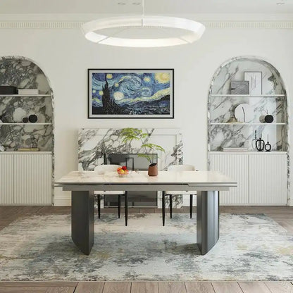 9 - Piece 94.48 Modern Minimalist Extendable Sintered Stone Top Double Pedestal Dining Set With 8 Fabric Chairs