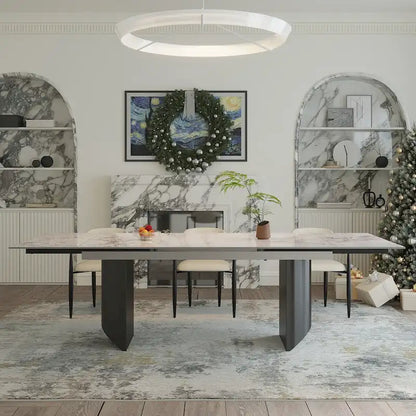 9 - Piece 94.48 Modern Minimalist Extendable Sintered Stone Top Double Pedestal Dining Set With 8 Fabric Chairs