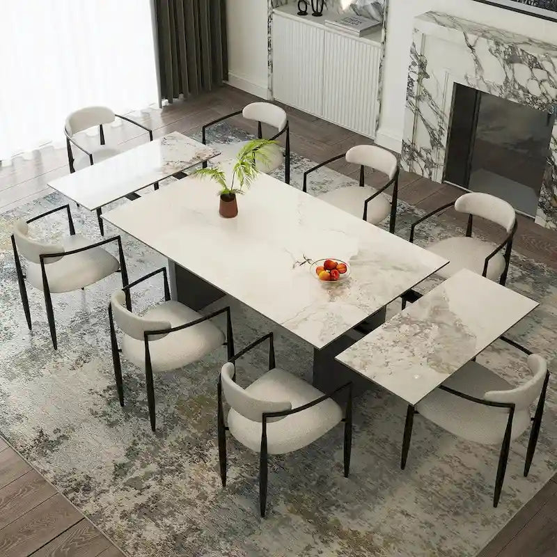 9 - Piece 94.48 Modern Minimalist Extendable Sintered Stone Top Double Pedestal Dining Set With 8 Fabric Chairs