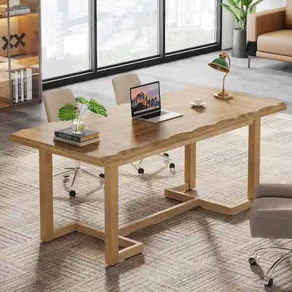 63 Inches Computer Desk, Rectangular Writing Table with Solid Wood Legs and Thickened Desktop