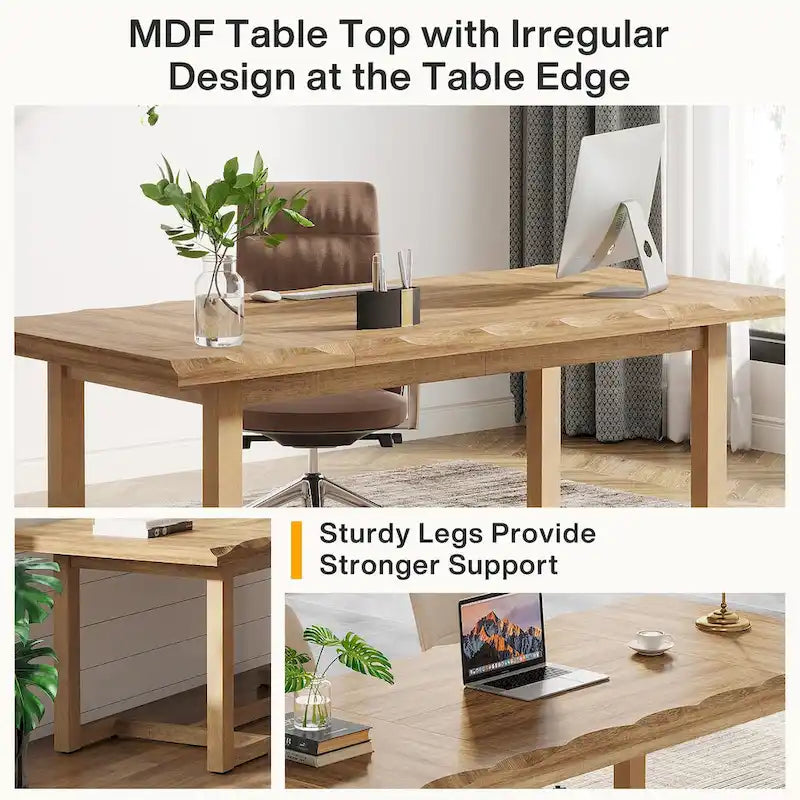 63 Inches Computer Desk, Rectangular Writing Table with Solid Wood Legs and Thickened Desktop