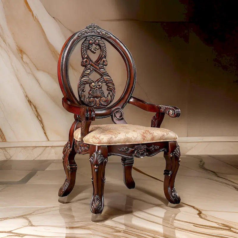 28 Inch Dining Side Chair Set of 2, Brown Wood Carved Back, Beige Fabric