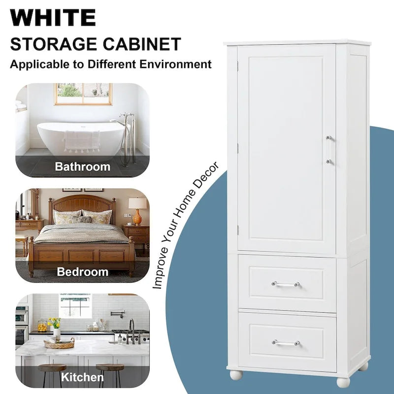 61 Tall Wood 1-door Bathroom Cabinet with Drawers and Adjustable Shelves