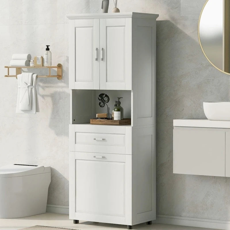 Tall Bathroom Cabinet with Laundry Basket Large Storage Space Tilt-Out Laundry Hamper and Upper Storage Cabinet
