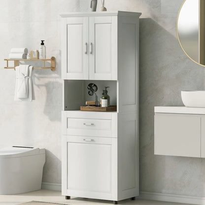 Tall Bathroom Cabinet with Laundry Basket Large Storage Space Tilt-Out Laundry Hamper and Upper Storage Cabinet