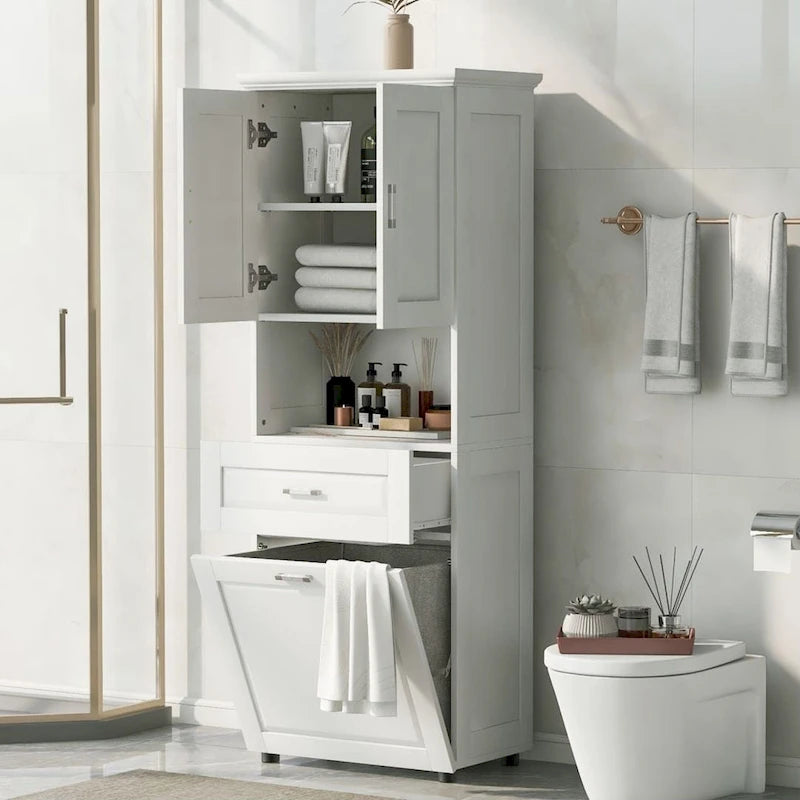 Tall Bathroom Cabinet with Laundry Basket Large Storage Space Tilt-Out Laundry Hamper and Upper Storage Cabinet