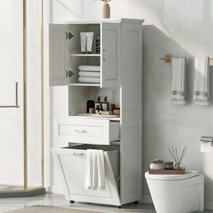 Tall Bathroom Cabinet with Laundry Basket Large Storage Space Tilt-Out Laundry Hamper and Upper Storage Cabinet