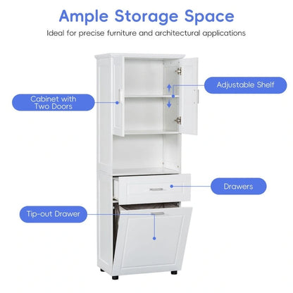 Tall Bathroom Cabinet with Laundry Basket Large Storage Space Tilt-Out Laundry Hamper and Upper Storage Cabinet