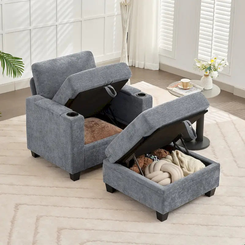 Chenille Storage Single Sofa with a Removable Ottoman