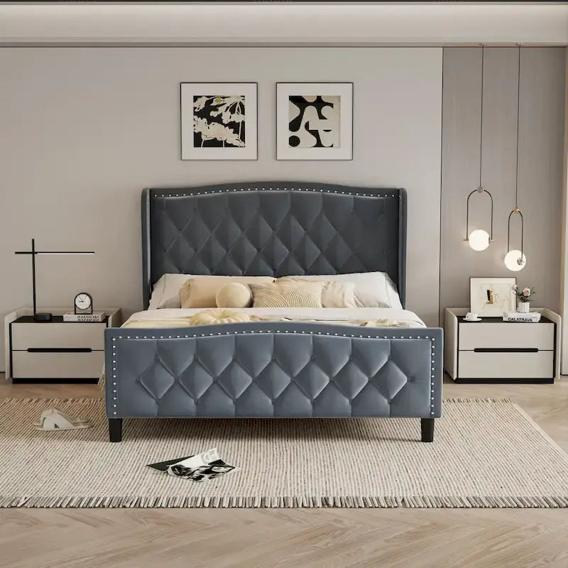 Queen Size Bed Frame,Upholstered Platform Bed with Wingback Headboard,Velvet Bed Frame,Wood Slat Support,No Box Spring Needed