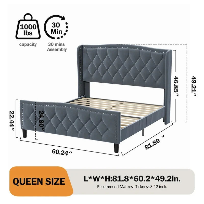 Queen Size Bed Frame,Upholstered Platform Bed with Wingback Headboard,Velvet Bed Frame,Wood Slat Support,No Box Spring Needed