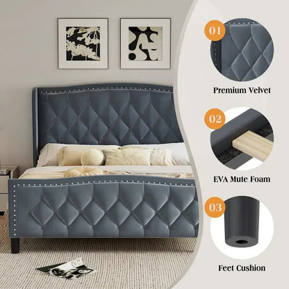 Queen Size Bed Frame,Upholstered Platform Bed with Wingback Headboard,Velvet Bed Frame,Wood Slat Support,No Box Spring Needed