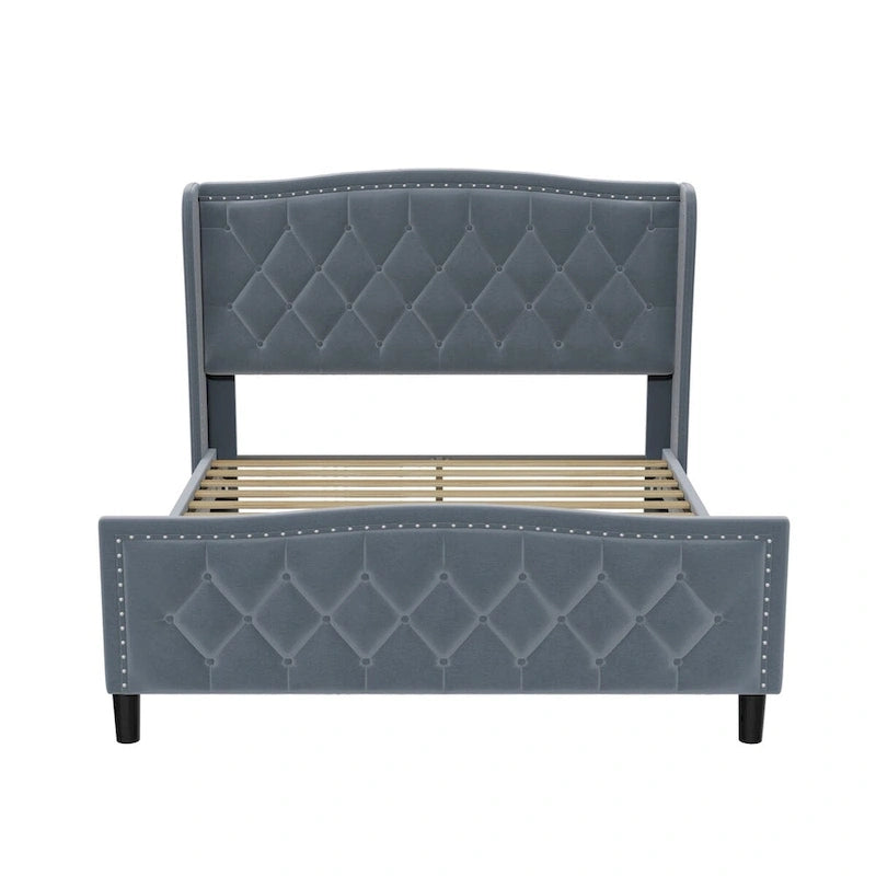 Queen Size Bed Frame,Upholstered Platform Bed with Wingback Headboard,Velvet Bed Frame,Wood Slat Support,No Box Spring Needed