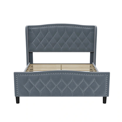 Queen Size Bed Frame,Upholstered Platform Bed with Wingback Headboard,Velvet Bed Frame,Wood Slat Support,No Box Spring Needed