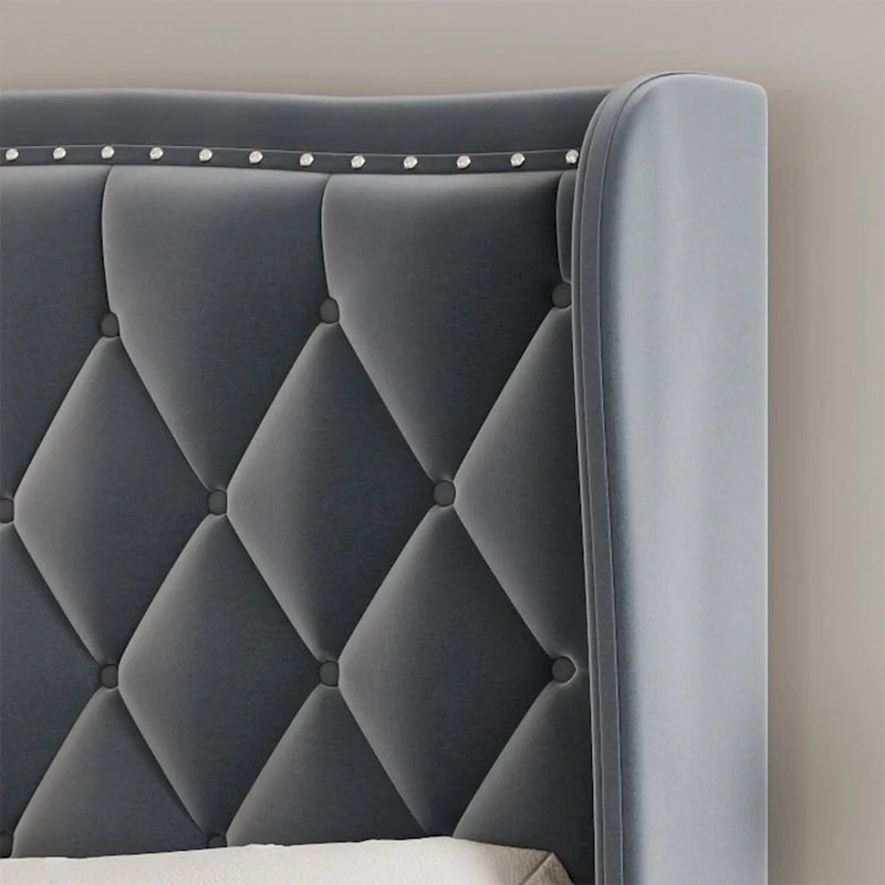 Queen Size Bed Frame,Upholstered Platform Bed with Wingback Headboard,Velvet Bed Frame,Wood Slat Support,No Box Spring Needed