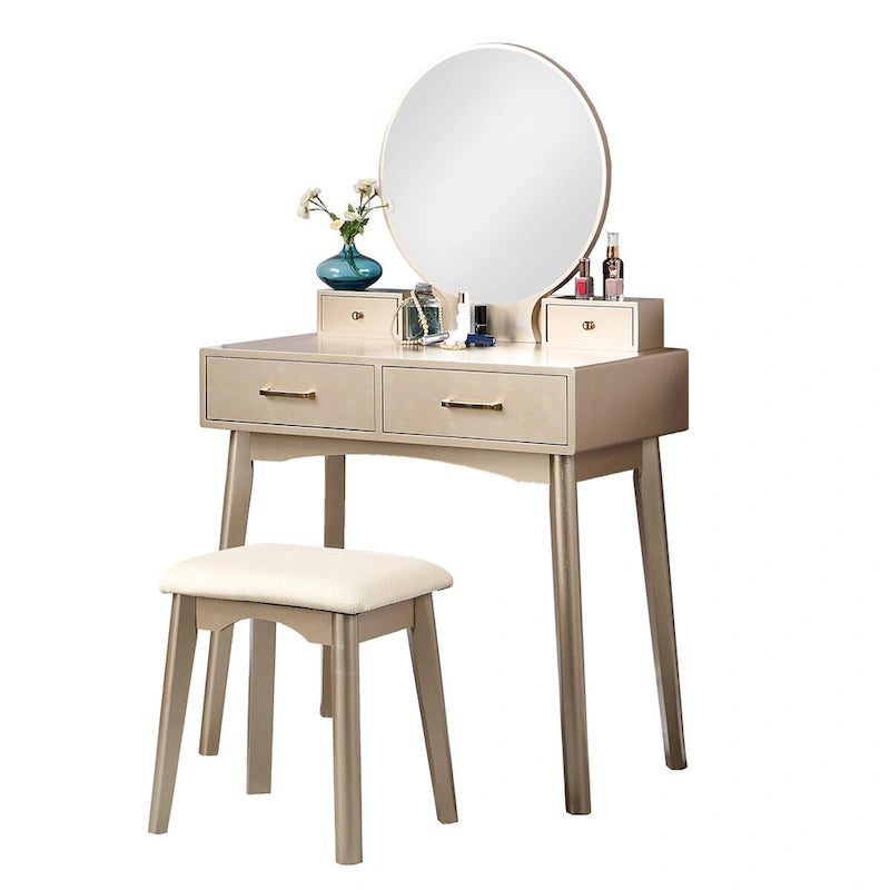 Contemporary Wood Vanity and Stool Set for Bedroom